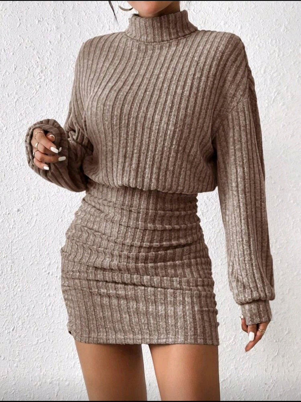 Ribbed Knit Turtleneck Sweater Dress in Taupe